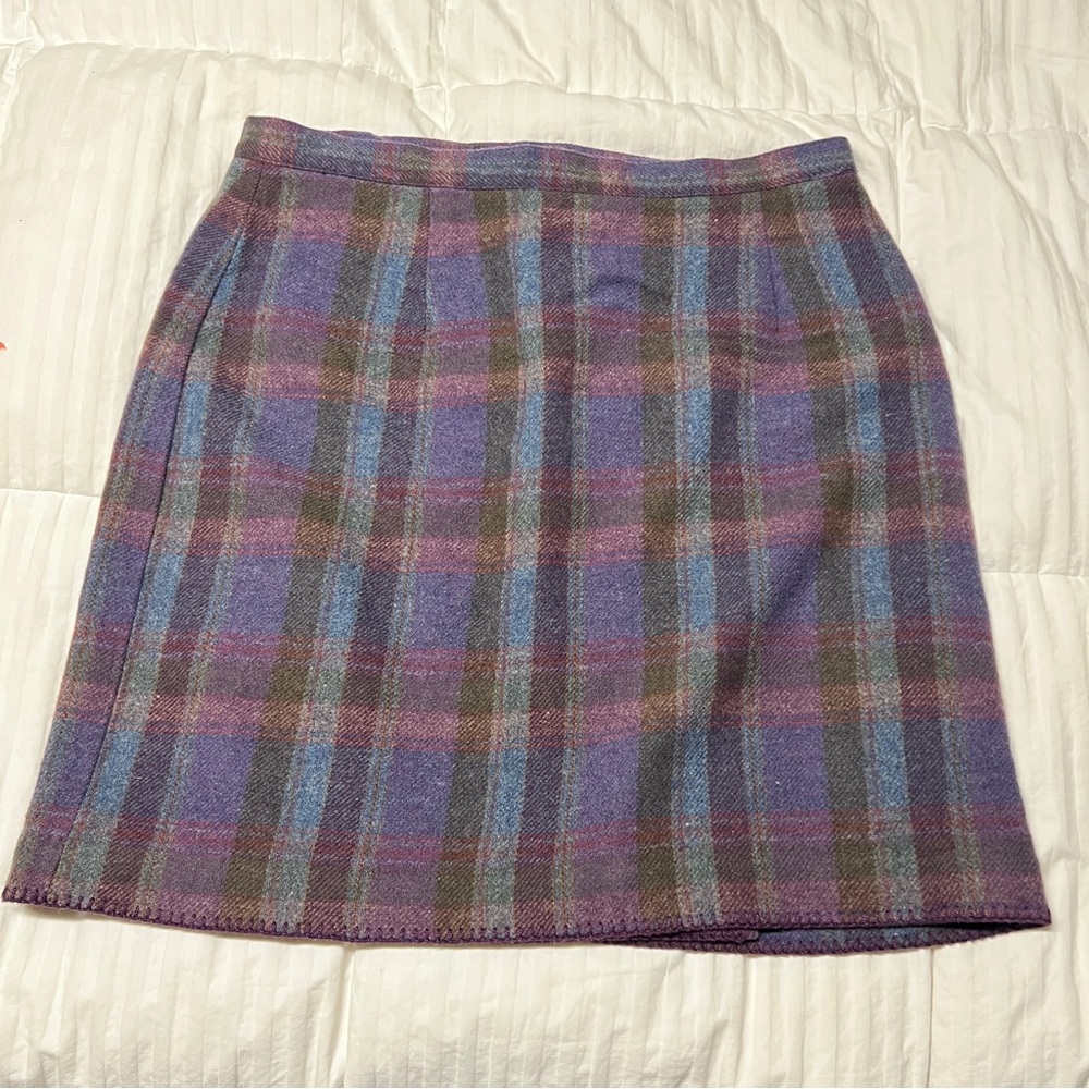 LL Bean Plaid Wool Wrap Skirt in Purple and Blue